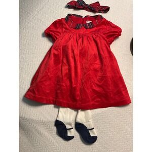 Max Studio Kids Red Velvet Plaid Collar Puff Sleeve Dress Headband Tights 6-9 M